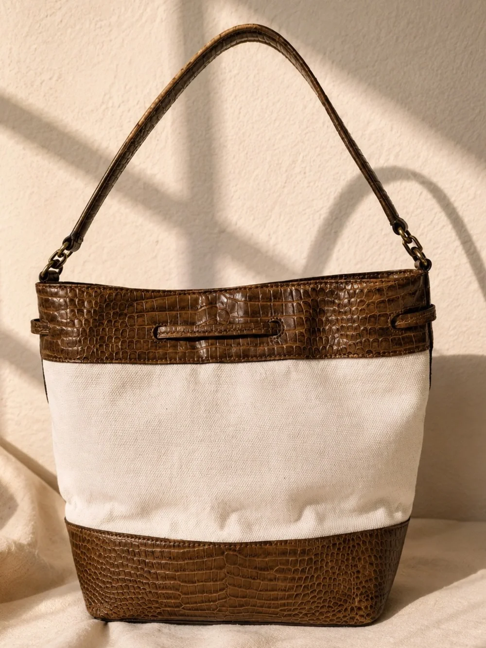 Ralph Lauren Cream Canvas Croc Embossed Leather Shoulder Bag